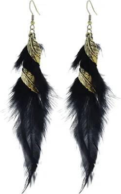 Produktbild von 1 Paar Hakenohrringe im Retro-Stil, goldenes Blatt, lange Quaste, böhmische hypoallergene, elegante Feder-Tropfenohrringe für den Alltag