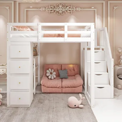 Obrázok produktu pre Vysoká posteľ 140x200 cm, biela, vyrobená z borovicového dreva, preglejky a MDF, s 4 zásuvkami, 3 policami a bezpečnostným rebríkom