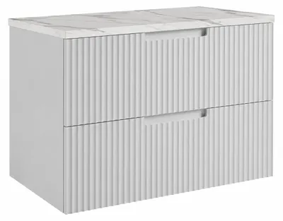 Immagine prodotto di Mobile bagno sospeso, 80 cm, con cassetti, struttura bianca e piano in marmo bianco, completo di maniglie, dimensioni 80 x 46 x 58,6 cm, Immagine generata dall'IA