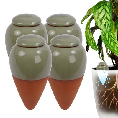 Produktbild von Relaxdays Tonkegel Bewässerung, 4er Set, 350 ml, Gießhelfer mit Deckel, Zimmerpflanzen & Balkonkästen, terrakotta/salbei