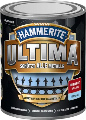 Produktbild von Hammerite Metallschutzlack Ultima Glänzend, Hochwertiger Schutzlack für alle Metalle im Außenbereich, Rubinrot, RAL 3003, 750 ml