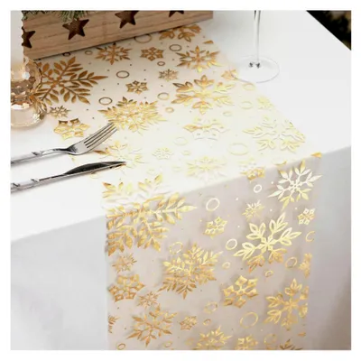 Produktbild von Weihnachtlicher Tischläufer in Gold mit Schneeflockenmuster, 28 cm x 10 m, transparenter Organza-Tischläufer, Dekoration für Feierlichkeiten, Geburtstage, Weihnachten, Bastelarbeiten, Geschenkverpackungen