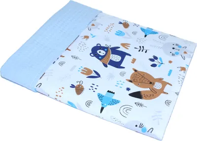 Produktbild von Babydecke Waffelpiqué Baumwolle Kuscheldecke Kinderwagendecke - 03. Waldtiere + Blau
