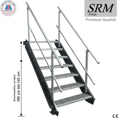 Zdjęcie produktu dla 7 stopni schodów stalowych antracyt szerokość 80 cm wysokość kondygnacji 100 - 140 cm 2x poręcze