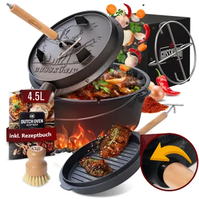 Image de GUSSKÖNIG Dutch Oven Set [4.5L] sans pieds - Marmite cuite au feu avec lève-couvercle 2en1 innovant, brosse et livre de recettes [pour 1 à 3 personnes]