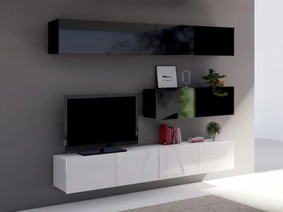 Produktbild von Wohnwand CALABRINI-8 Wohnzimmer-Set Hängewohnwand Schrankwand TV-Schrank Moderne Anbauwand Hochglanz (Schwarz / Weiß)