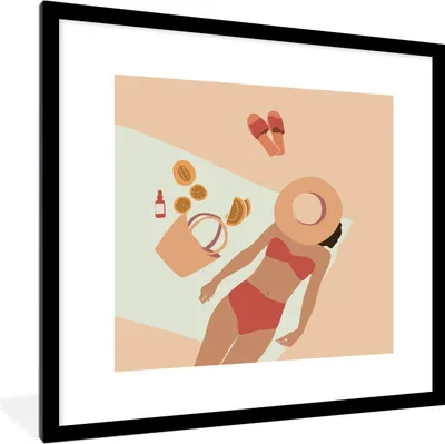 Produktbild von MuchoWow® MuchoWow® Gerahmtes Poster Frauen - Pantoffeln - Hut - Sommer 40x40 cm - Poster mit zchwarzem Bilderrahmen - Poster - Plakat im Rahmen
