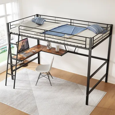 Produktbild von Hochbett mit Rausfallschutz, Lattenrost und Schreibtischh, 90x200 cm, Metallbett, Einzelbett, Kinderbett, Jugendbett