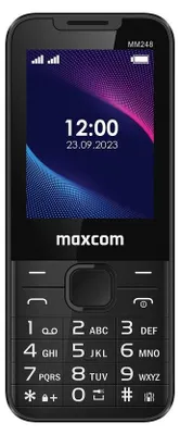 A close-up studio shot of a black Maxcom MM248 4G mobile phone against a black background.