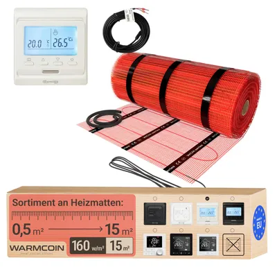 Fußbodenheizung-Set 15 m², 160 W/m², selbstklebend, mit Thermostat
