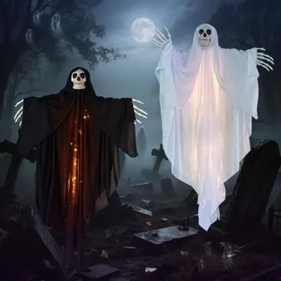 Zdjęcie produktu dla Dekoracje na Halloween: 2 sztuki szkieletów zewnętrznych - 100x60 cm, wiszący duch z oświetleniem LED - dekoracja na drzwi na Halloween