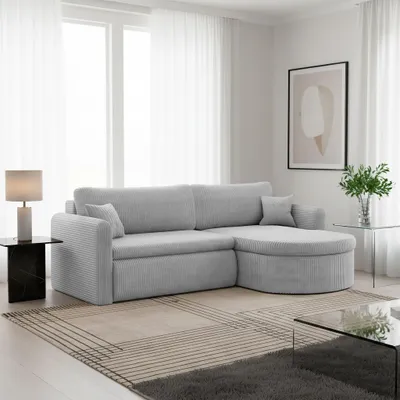 Produktbild von Ecksofa Schlafsofa FELIZ Stoff Poso Hellgrau Ottomane Rechts