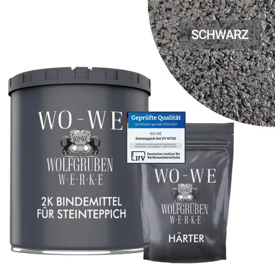 A dark gray can and a dark gray pouch are displayed, with a circular inset showing black gravel. A small blue and white certification badge is also visible.