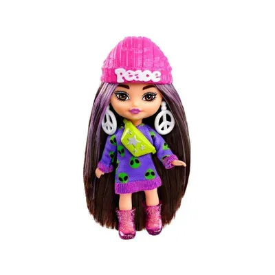 Image de Mattel Barbie Extra Mini Minis, poupée Barbie aux cheveux bruns, pull alien HLN46