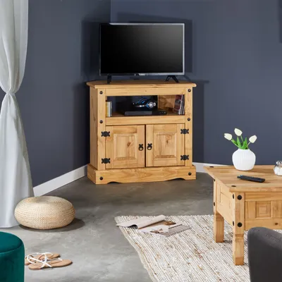 Produktbild von TV Rack SALSA 85 cm Regal TV Schrank Kiefer massiv im Mexiko Stil, gebeizt/gewachst, 2 Türen, 1 offenes Fach