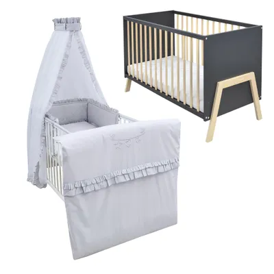 Produktbild von Babybett Kinderbett Gitterbett Juna 60x120 Anthrazit Schutzgitter Matratze Bettwäsche Set 10tlg Royal Grau Rüsche