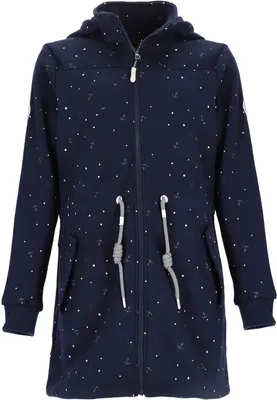 Produktbild von Leitfeuer Damen Fleecemantel mit Allover-Print und Polarfleece-Innenseite - Fleecejacke mit Stehkragen und Kapuze in Dunkelblau Größe M