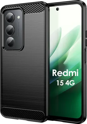 A black phone case is shown on the left, and a smartphone with a green background and the text "Redmi 15 4G" is shown on the right.