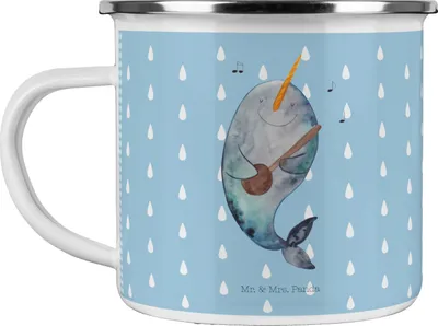 Produktbild von Mr. & Mrs. Panda Pott Narwal Gitarre - Blau Pastell - Geschenk, Gespräche, Outdoor Tasse, Wal, Haferl, Emaille, Probleme, Meer, Tanzen, Kaffeepott, Teetasse