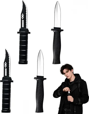 Productafbeelding van Trickmessen van kunststof - Set van 4 - Nep-messenset (2 designs) - Intrekbare veiligheidspunt
