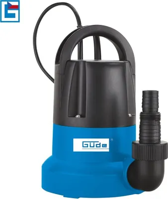 A blue and black submersible pump with a handle and a hose adapter.