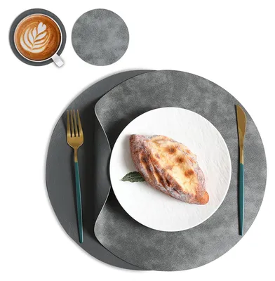 Platzsets aus Kunstleder, 4-tlg., rund, abwaschbar, grau/dunkelgrau