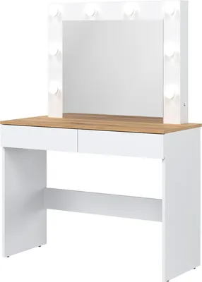 Produktbild von Schminktisch REMI RM16 mit Spiegel 2 Schubladen und Led licht Weiß/Evoke Eiche