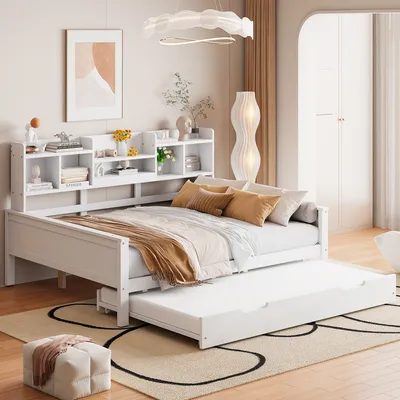 Produktbild von Flieks Tagesbett Holzbett Schlafsofa 140x200cm, Ausziehbares Bett 90x190cm, Doppelbett Kinderbett Jugendbett mit Regal, Daybed Weiß