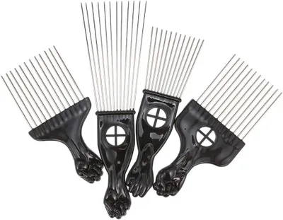 Productafbeelding van Zwarte 4-delige kamset voor Afro- en krullend haar met metalen Afro-kapselkam en stalen naaldkam, professioneel kappersgereedschap van plastic en metaal, 27 Cm, 10,5 Cm