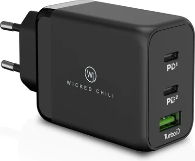 A black Wicked Chili 65W USB-C GaN charger with multiple ports.
