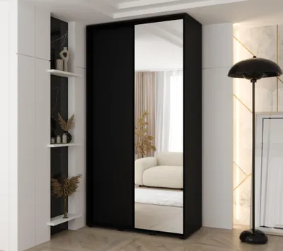 Zdjęcie produktu dla MINIO go for it, szafa VADO, 140 x 235,2 x 60 cm, 2 drzwi przesuwne (1 z lustrem), 6 półek, 2 metalowe drążki, czarny mat