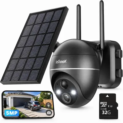 Produktbild von ieGeek 5MP Solar überwachungskamera Außen Akku 32GB SD Karte 355° 120° PTZ WLAN Farbnachtsicht 30M PIR Personenerkennung 2 Wege Audio Alexa IP65