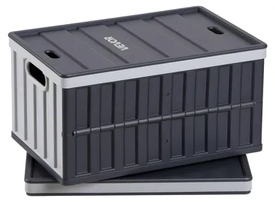 Image de Lot de 2 bacs pliants VEVOR 65 L, bacs de rangement pliables en plastique, bacs empilables avec couvercle, capacité de charge de 38 kg par bac, bacs pliants, idéaux pour l'organisation de la maison, gris et noir