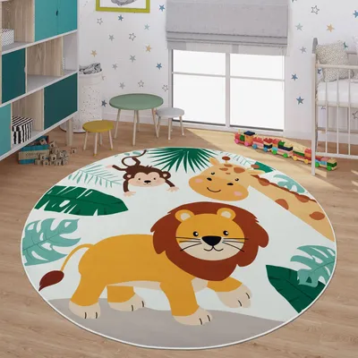Produktbild von TT Home Kinderteppich Babyzimmer Teppich Kinderzimmer Rutschfest Tiere Weltkarte Autos Größe 200 cm Rund