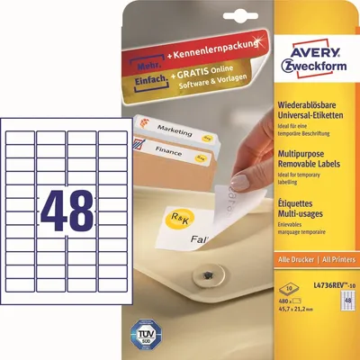 Produktbild von Universal-Etiketten 45,7x21,2 mm 10 Blatt/480 Etiketten weiß Packung mit 50 Stück