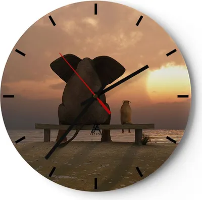 Produktbild von Wanduhr - Rund - Glasuhr - Elefant Ufer Meer - 30x30cm - Schleichendes Uhrwerk - Lautlos - zum Aufhängen bereit - Dekoration Modern - Wanddekoration aus Glas - C3AR30x30-3555