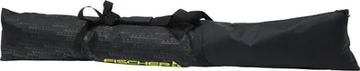 A black ski bag with a patterned design and yellow text.