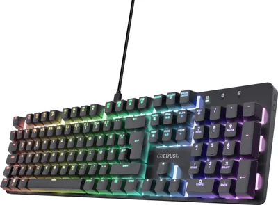 Produktbild von Trust GXT 871 Zora Mechanische Tastatur Deutsches QWERTZ Layout mit RGB Beleuchtung, Lineare Huano Switches, N-Key Rollover Anti-Ghosting, USB Programmierbare Gaming Tastatur für PC Laptop