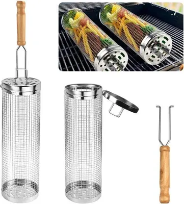 Image de Deux barbecues sur roulettes, en acier, portables, barbecue sur roulettes, 30 x 9,5 cm, barbecue sur roulettes avec poignée en bois, barbecue cylindrique pour les dîners, les pique-niques, le camping et les barbecues