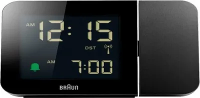 A black digital alarm clock with a projection feature.