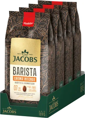 A display box of Jacobs Barista Editions Crema Intense coffee beans.
