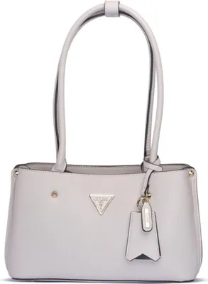 A studio shot of a light gray Guess handbag.