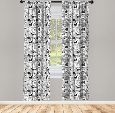 Produktbild von ABAKUHAUS Schwarz und weiß Vorhänge, Gardinen, Punk-Teenager-Muster-Kassetten-Tastatur-Geist-Herz und Boombox-Gekritzel, 2 Stück 75 x 175 cm, , Weiß Schwarz