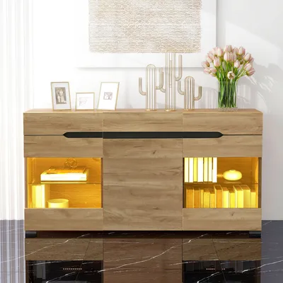 Produktbild von okwish LED Sideboard Schrank mit 3 Türen 3 Schubladen Moderne Kommode Schubladenkommode Natur