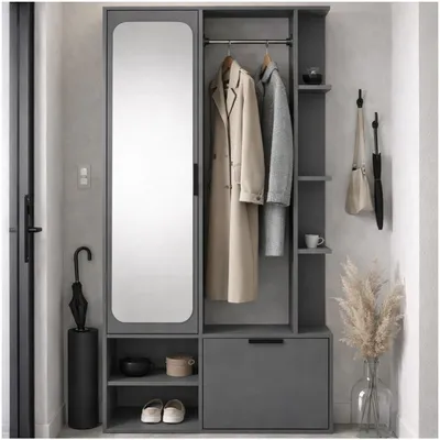 Produktbild von MEBLINI Garderobenschrank Flur mit Spiegel - Garderobe Schrank - Flurgarderobe schmal - Garderobe Flur Möbel Set - Flurschrank hoch - NADIA - 100x33x190cm R/L - Dunkelgrau