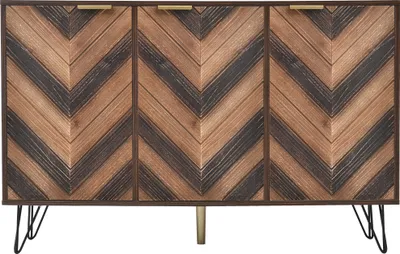 Produktbild von Merax Sideboard mit Fischgrätenmuster Nachbildung und Eisenfüße, Kommode mit 3 Türen und goldenen Metallgriffe, Highboard Holz, Anrichte, B/H/T: 120/76,5/38cm, Walnuss