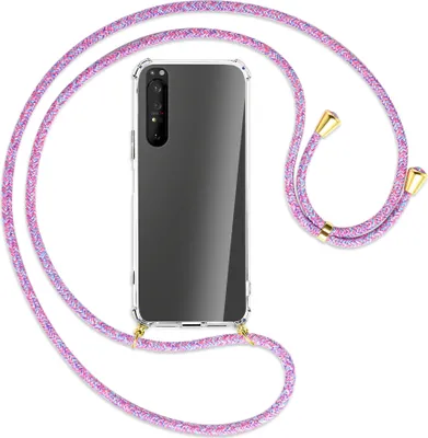 Produktbild von Handykette Backcover-Schutzhülle mit Band (Metall goldfarben) für Sony Xperia 1 II - lila/rosa/blau