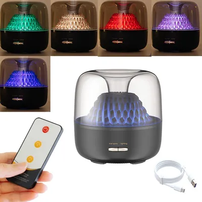 A collage of images showing a portable aroma diffuser with LED lighting in various colors, a remote control, and a USB cable.