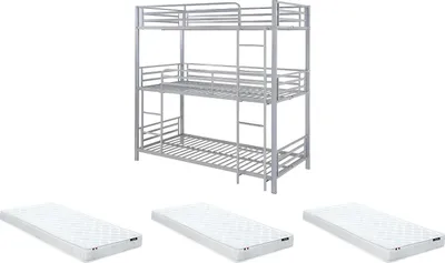 Produktbild von Dreifach-Etagenbett - 3 × 90 × 190 cm - Metall - silber mit Matratzen im Lieferumfang - ELOUAN III