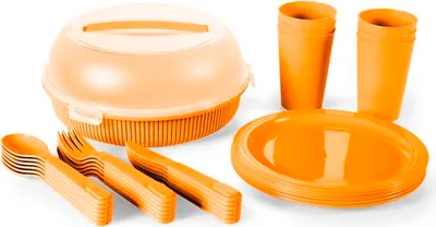 Produktbild von Packung mit 32 orangefarbenen Picknickgeschirren aus Polypropylen